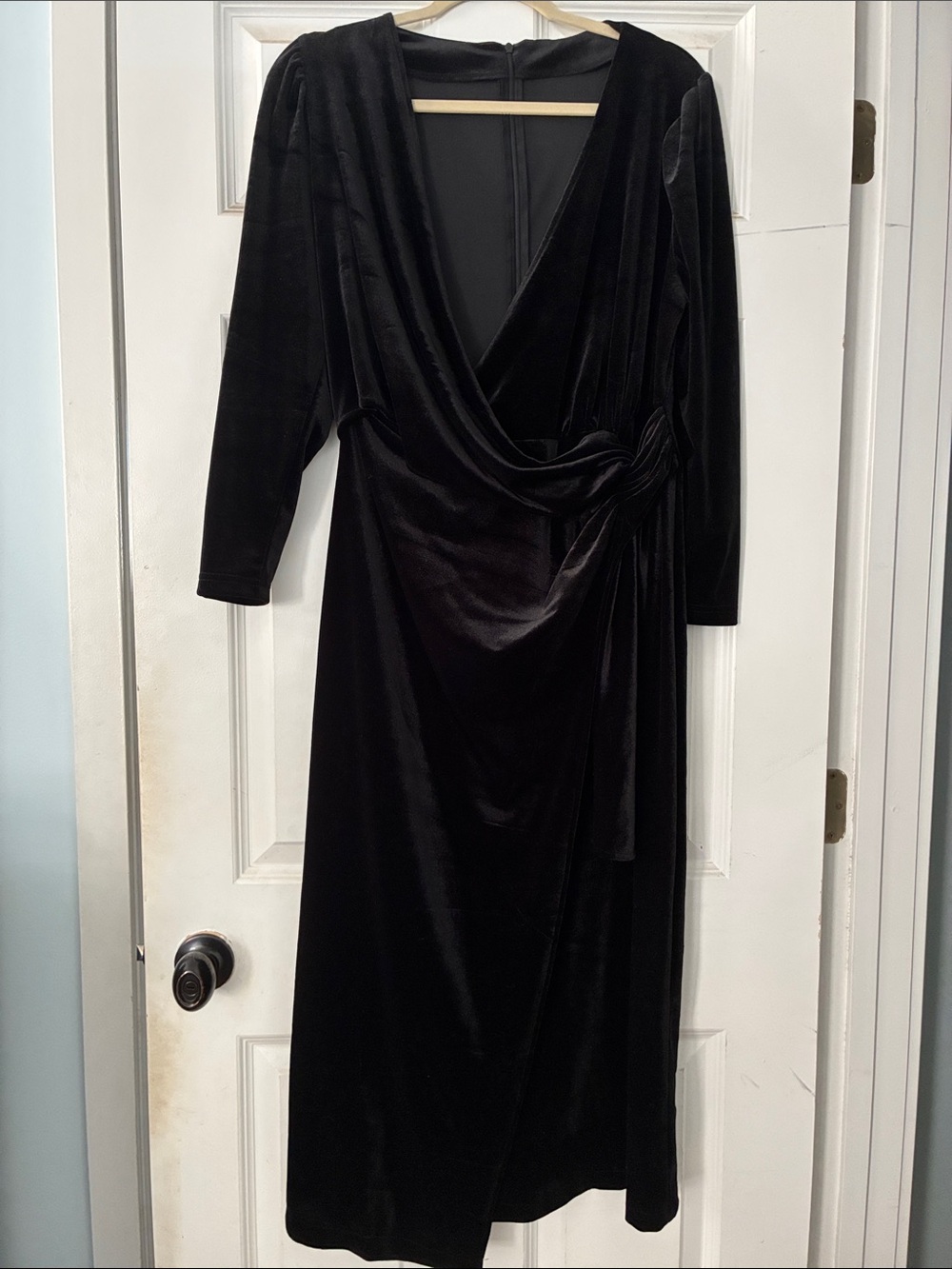 Women's Black Velvet Draped Wrap Midi Dress